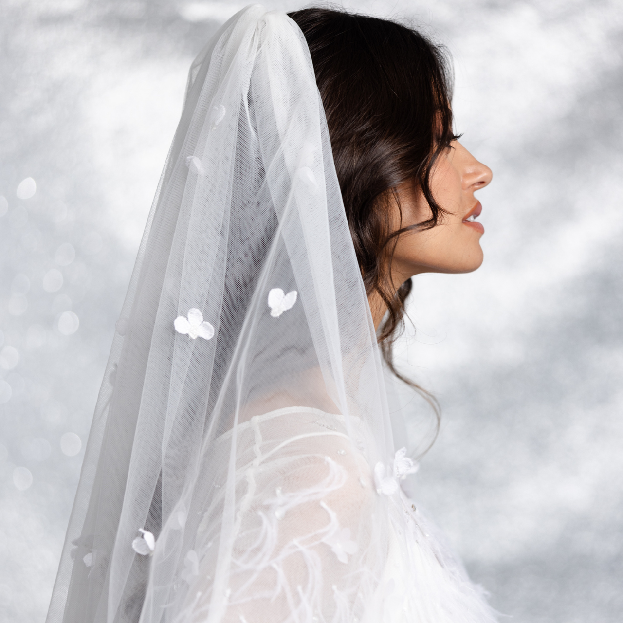Classic Tulle Veil with Blusher & Scattered Dimensional Flowers