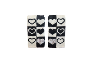Cashmere Short Fingerless Gloves w. Checkered Hearts Intarsia