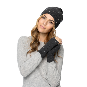 Cashmere Fingerless Gloves w. Swarovski Crystals All Over - Heather Charcoal