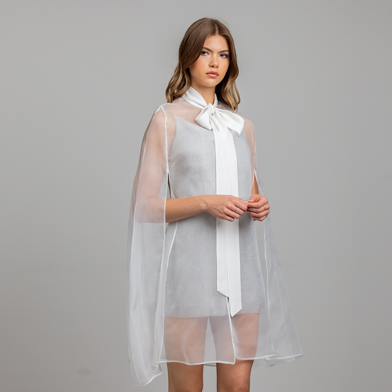 Silk Organza Cape cape with side slits & tie collar - White