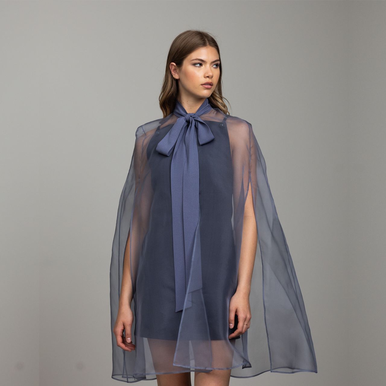 Silk Organza Cape cape with side slits & tie collar - Slate