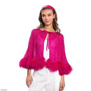 Barbie X Carolyn Rowan Beaded Silk Chiffon Cape with String Bow & Ostrich Trim - Magenta with Matching Feathers