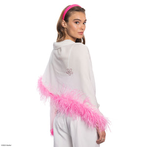 Barbie X Carolyn Rowan Silk Shawl w. Swarovski Crystal Flowers & Ostrich Feather Edge - White with Pink