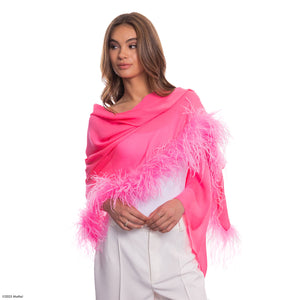 Barbie X Carolyn Rowan Silk Shawl w. Swarovski Crystal Flowers & Ostrich Feather Edge - Hot Pink