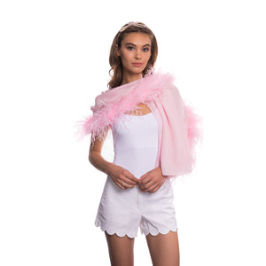Silk Georgette Shawl with Feather Trim - Pink