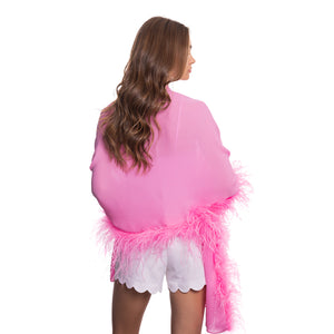 Silk Georgette Shawl with Feather Trim - Hot Pink
