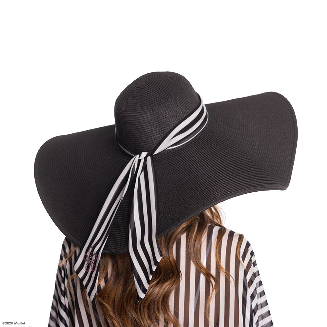 Oversized Beach Hat w. Flower on Striped Silk Band
