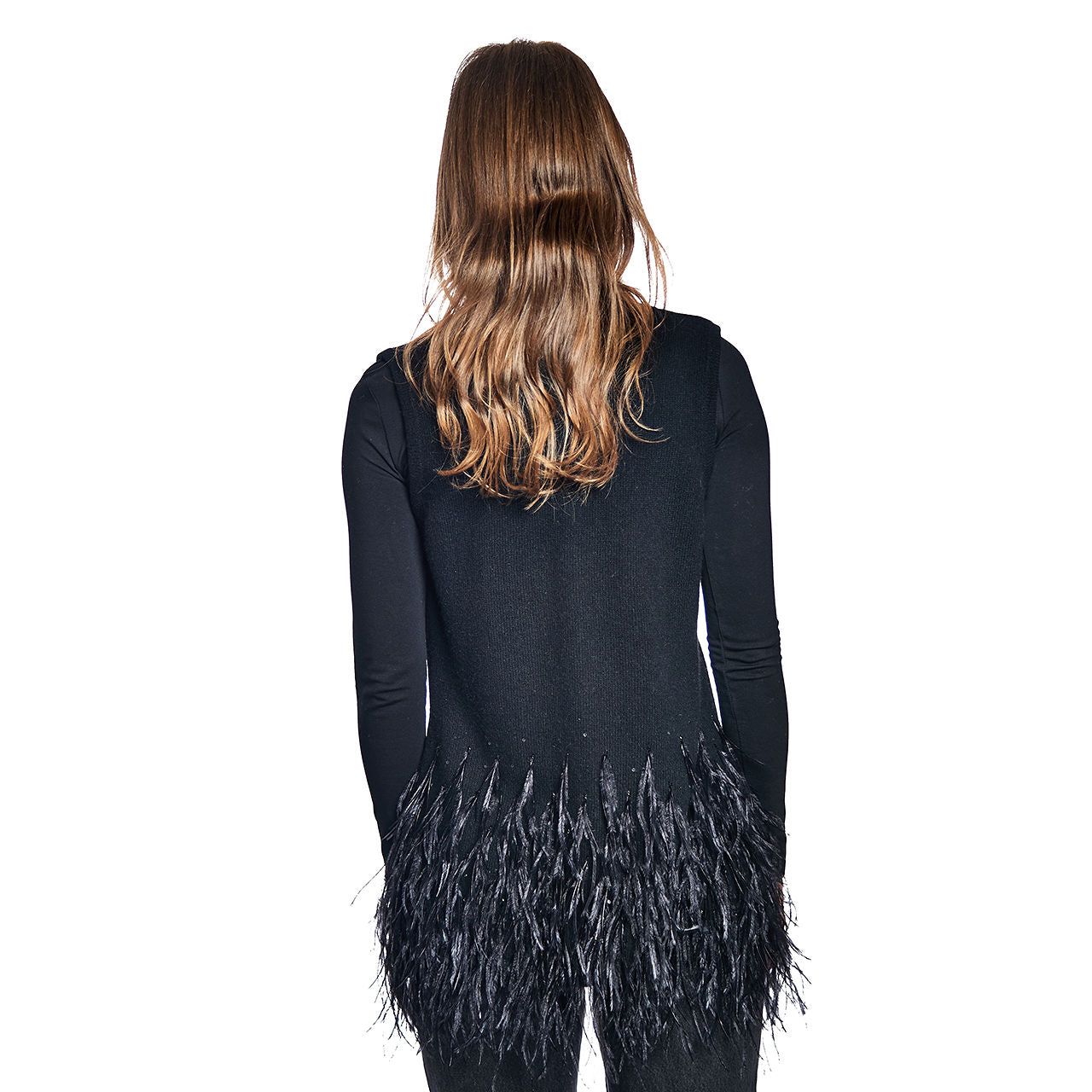 Mid Length Cashmere Vest w. Ostrich Feather Hem