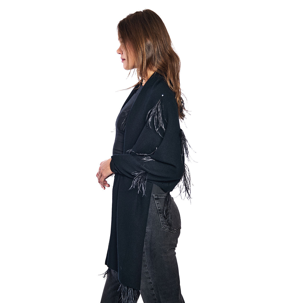 Cashmere Shawl Scarf w. Scattered Feather & Crystals