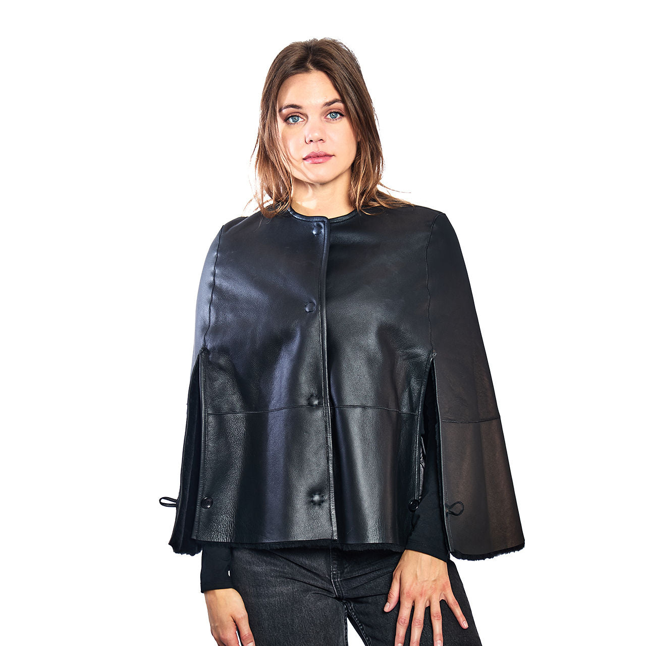 Shearling Reversible Cape w. Side Slits & Snap Closures