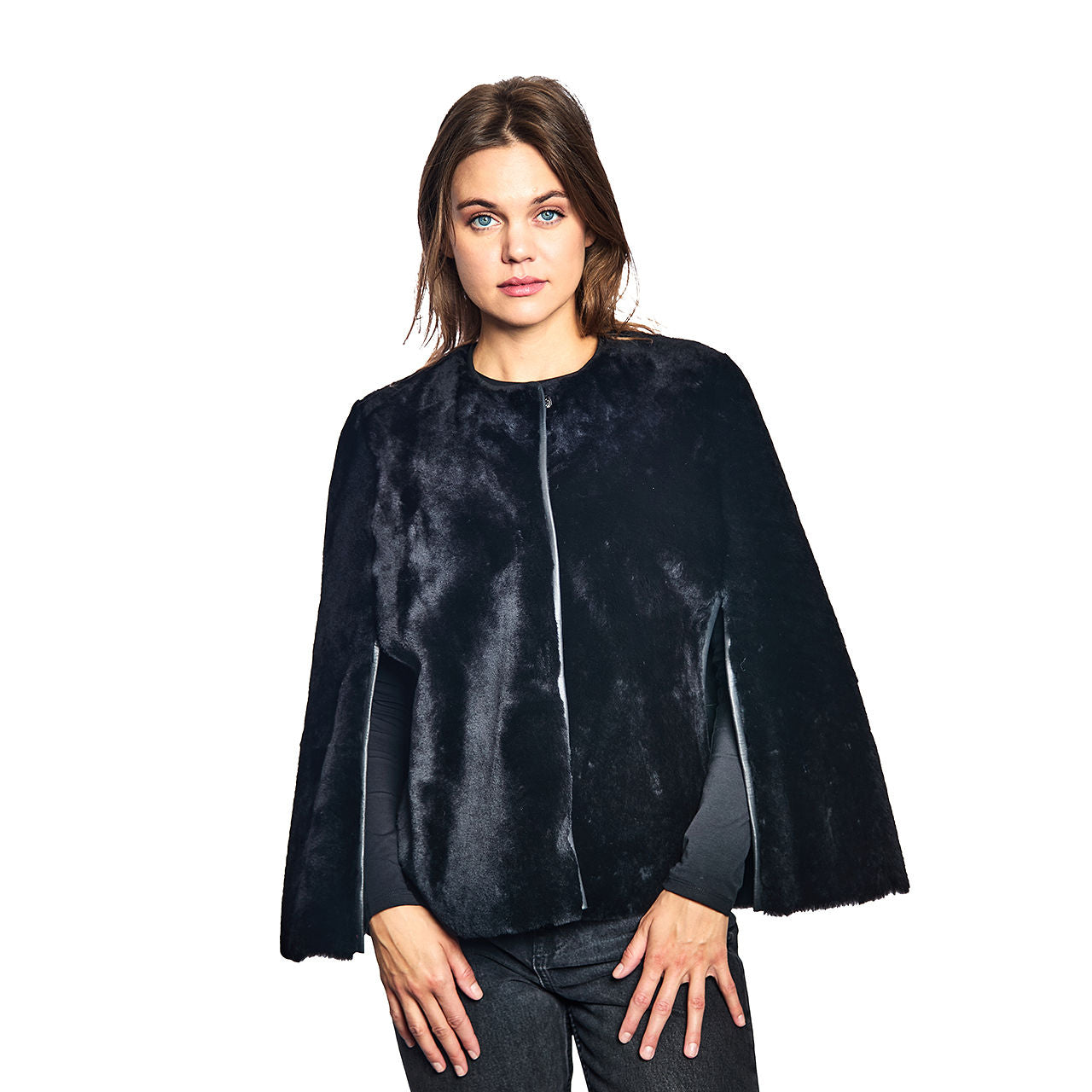 Shearling Reversible Cape w. Side Slits & Snap Closures