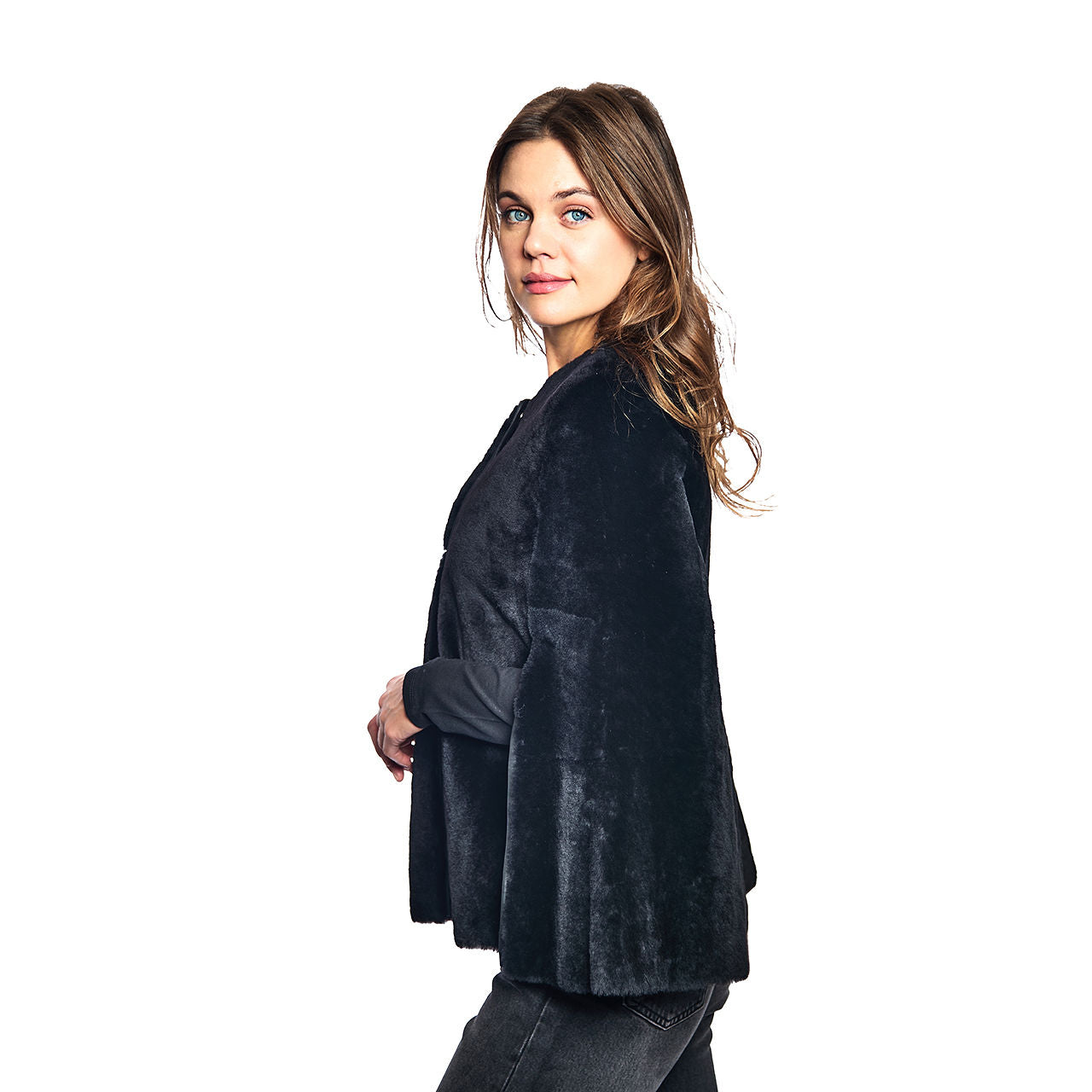 Shearling Reversible Cape w. Side Slits & Snap Closures