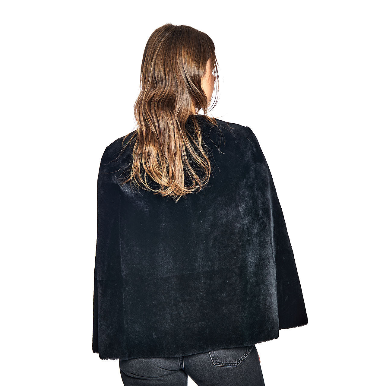 Shearling Reversible Cape w. Side Slits & Snap Closures