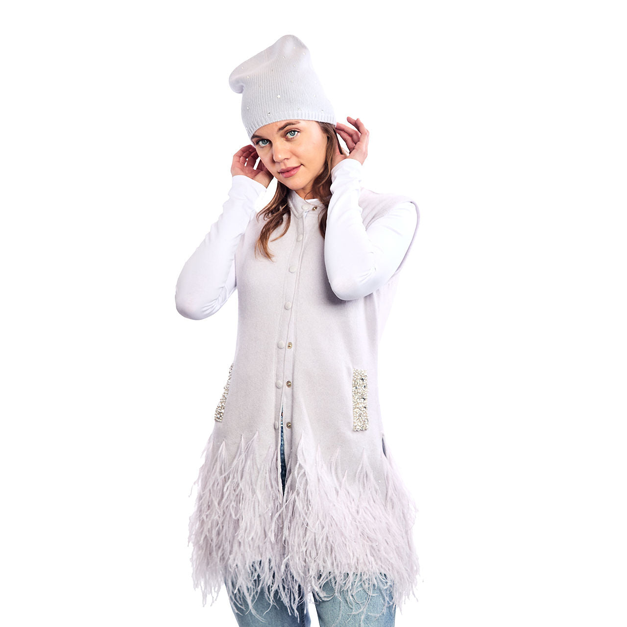 Cashmere Vest w. Embroidered Pockets & Feathers