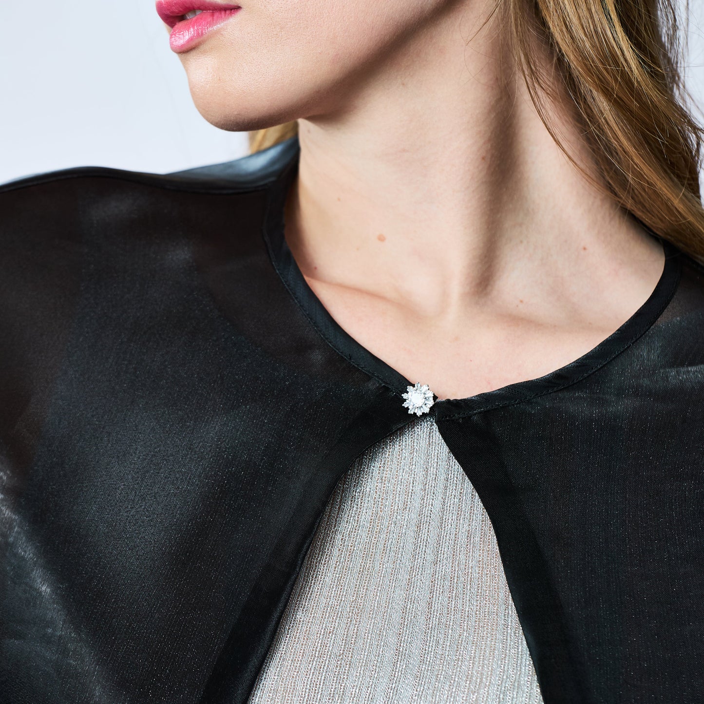 Hi Low Organza Open Front Cape w. Crystal Button - Black