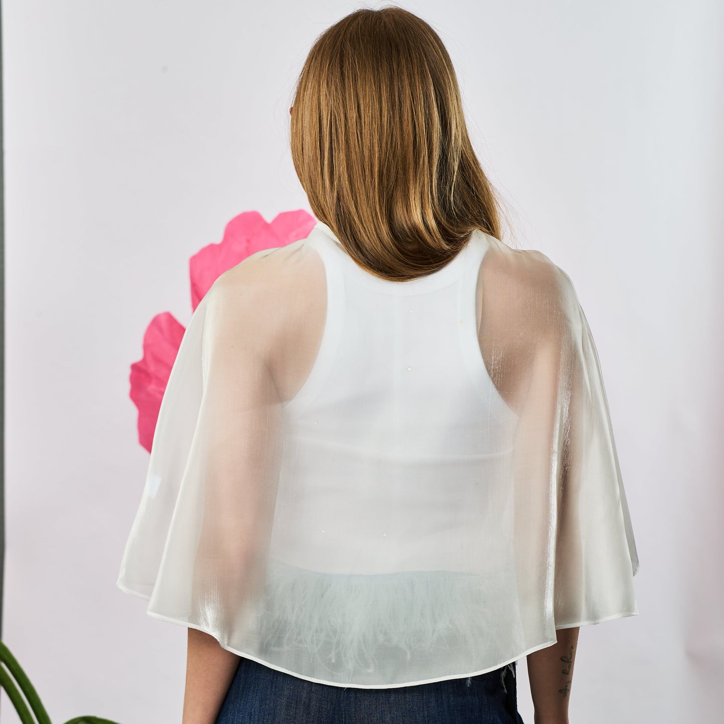 Hi Low Organza Open Front Cape w. Crystal Button - Off White