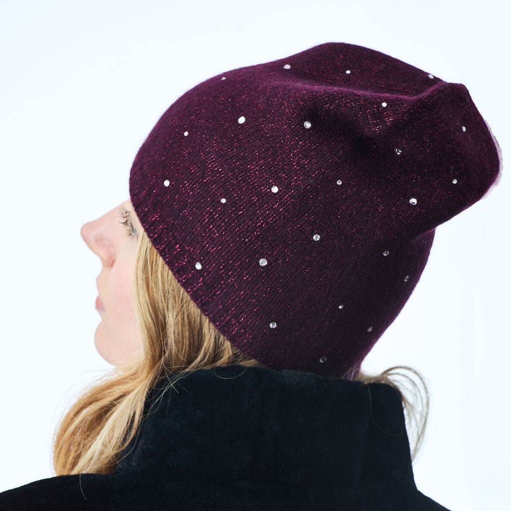 Cashmere & Lurex Long Slouchy Beanie w. Scattered Crystals- Black Currant