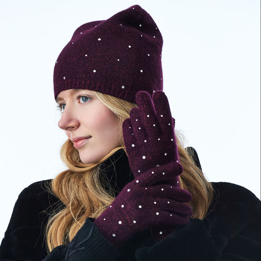 Cashmere Full Finger Gloves w. Lurex and Scattered Swarovski Crystals- Black Currant