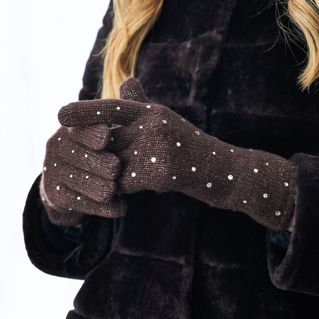Cashmere Full Finger Gloves w. Lurex and Scattered Swarovski Crystals- Chocolate Brown