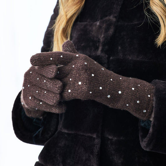 Cashmere Full Finger Gloves w. Lurex and Scattered Swarovski Crystals- Chocolate Brown