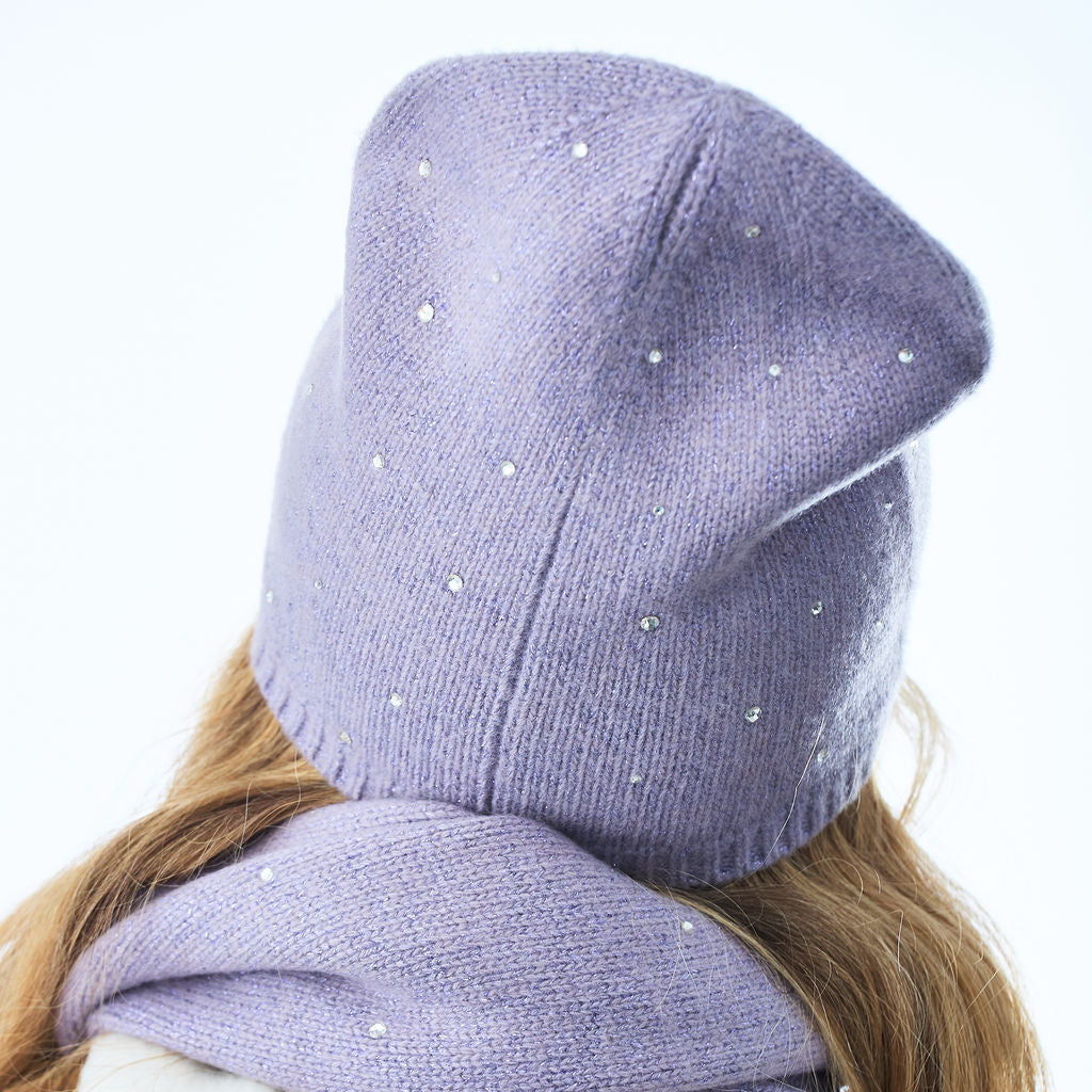 Cashmere & Lurex Long Slouchy Beanie w. Scattered Crystals- Light Purple