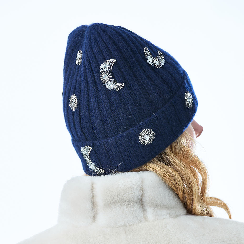 Cashmere Chunky Ribbed Cuffed Beanie w. Moon and Stars- Navy