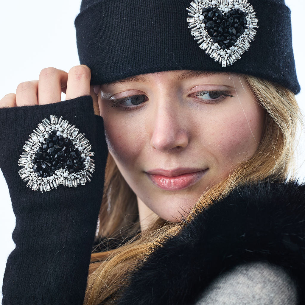 Cashmere Short Fingerless Gloves w. Hand Embroidered Black Hearts