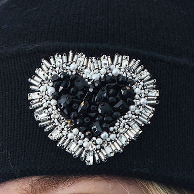Cashmere Jersey Knit Cuffed Beanie w. Hand Embroidered Black Heart
