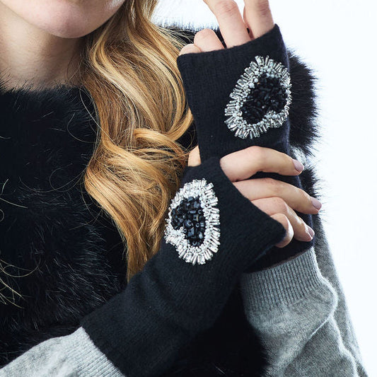 Cashmere Short Fingerless Gloves w. Hand Embroidered Black Hearts
