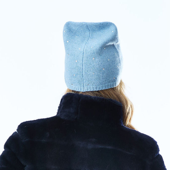 Cashmere & Lurex Long Slouchy Beanie w. Scattered Crystals- Dew Blue