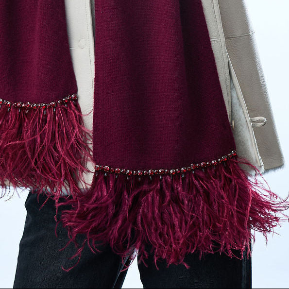 Cashmere Long Scarf w. Ostrich Trim and Pearl Drops- Burgundy