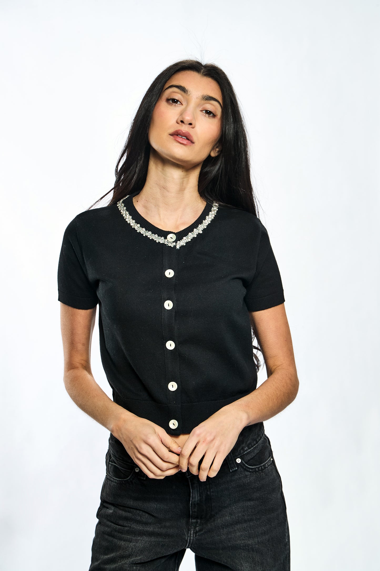 Cotton Cashmere Short Sleeve Cardigan with Embellished Neckline - Black