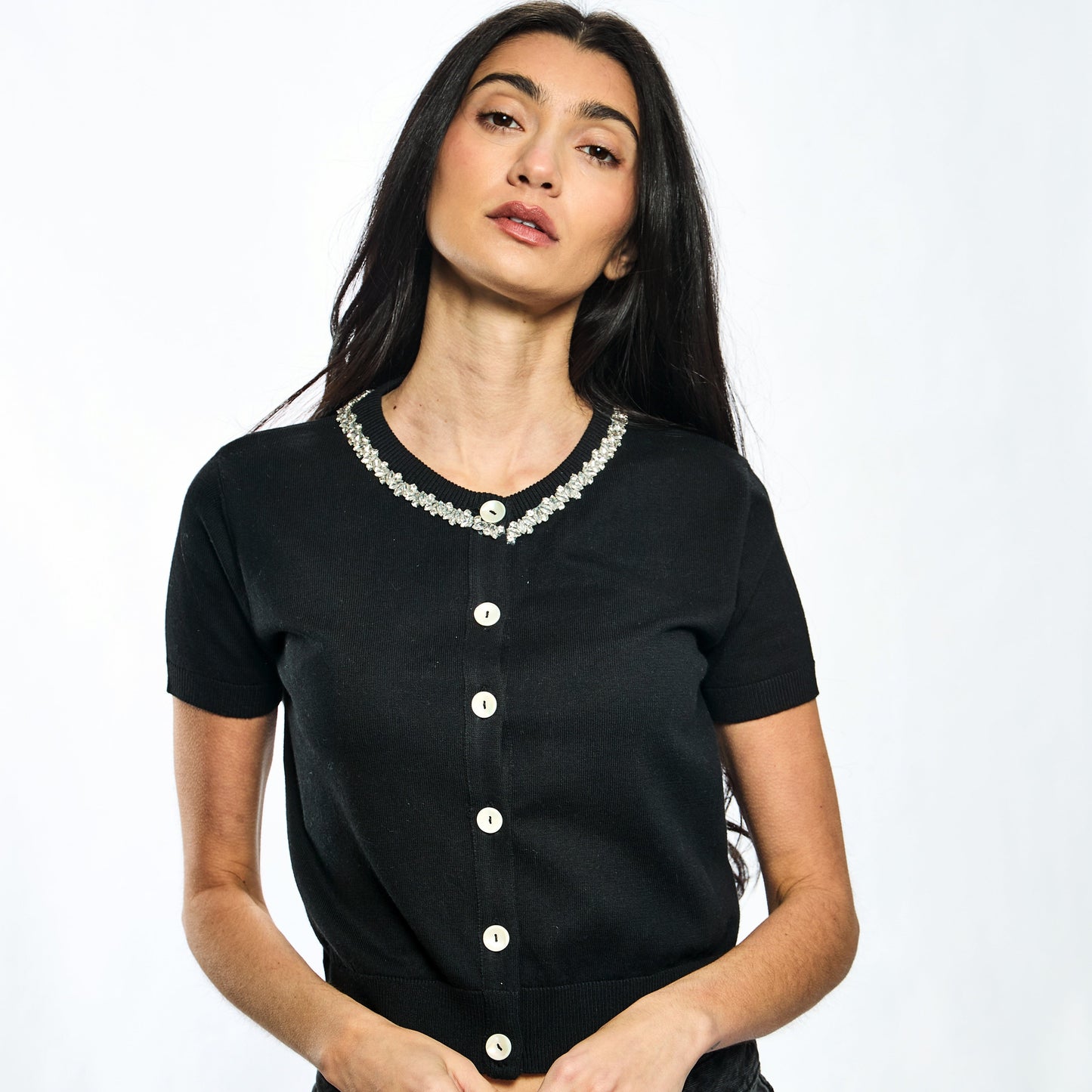 Cotton Cashmere Short Sleeve Cardigan with Embellished Neckline - Black