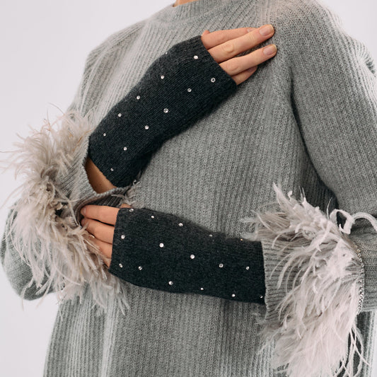 Cashmere Short Fingerless Gloves with Scattered Crystals- Dark Grey