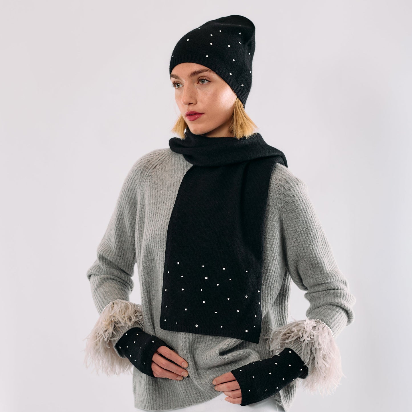 Cashmere Long Scarf with Scattered Monochromatic Crystals- Black