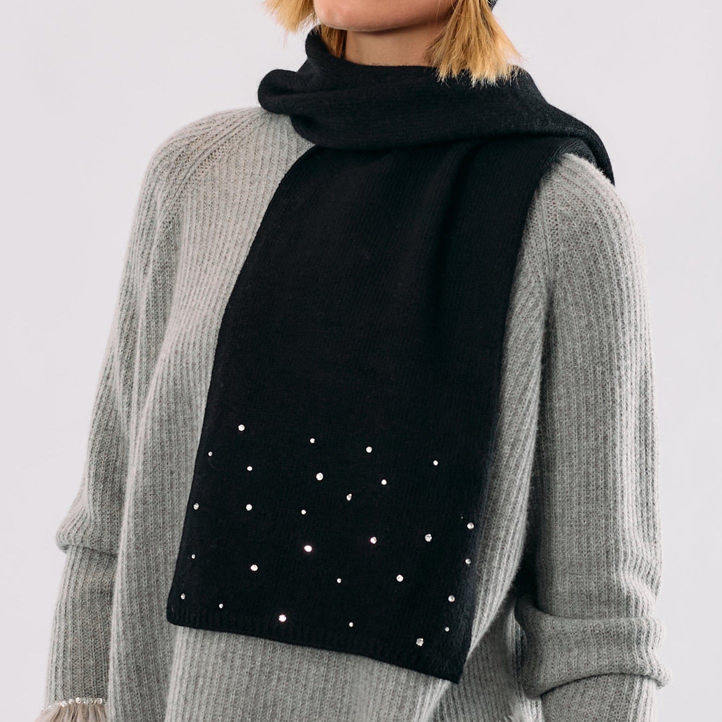 Cashmere Long Scarf with Scattered Monochromatic Crystals- Black