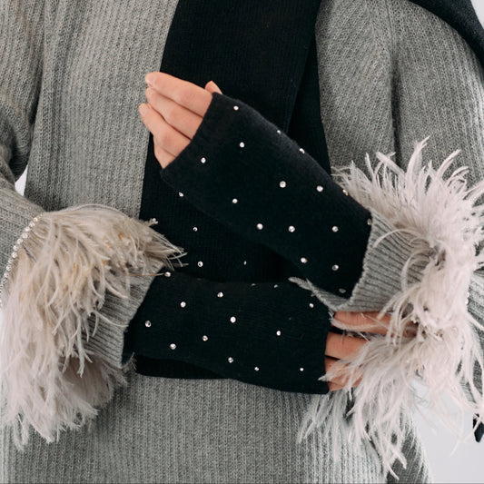 Cashmere Short Fingerless Gloves w. Scattered Crystals - Black