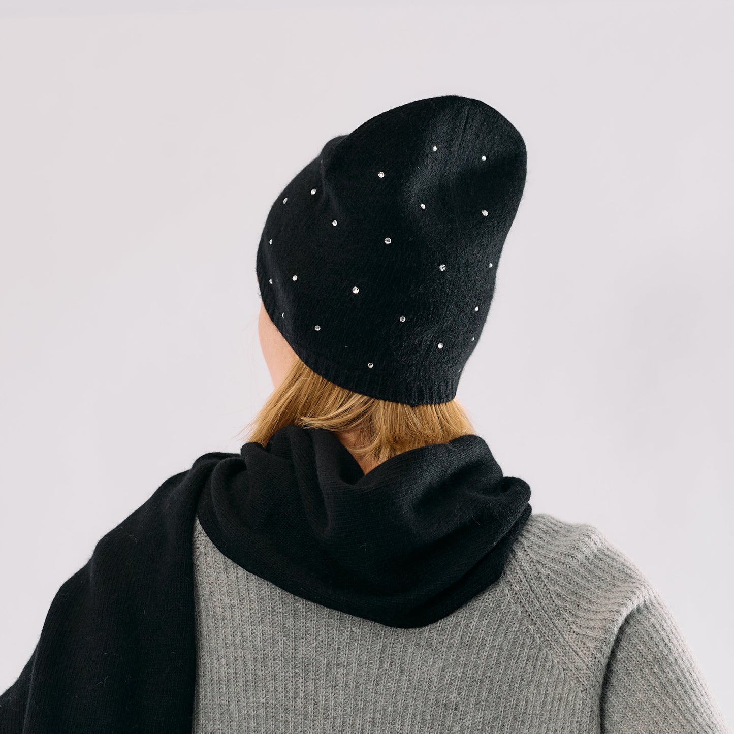 Cashmere Long Slouchy Beanie with Scattered Crystals- Black