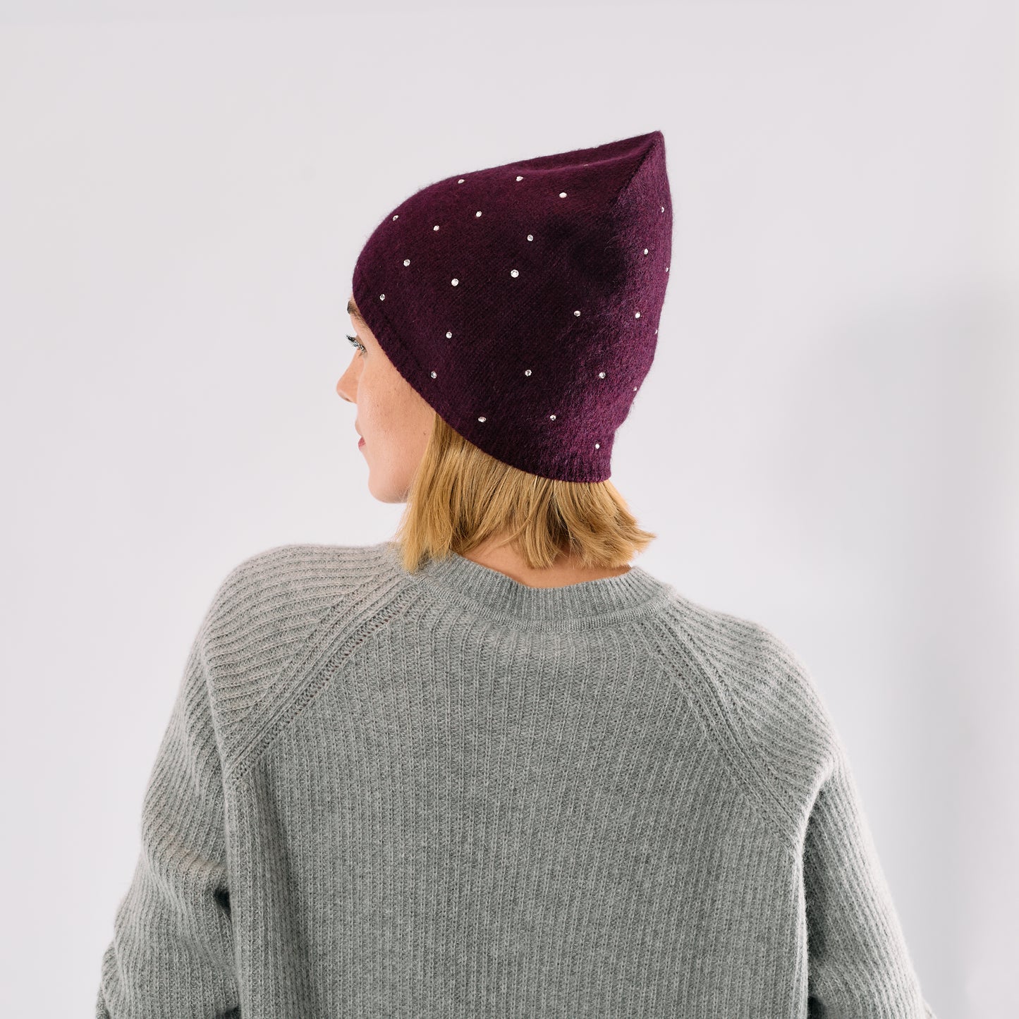 Cashmere Long Slouchy Beanie with Scattered Crystals- Burgundy