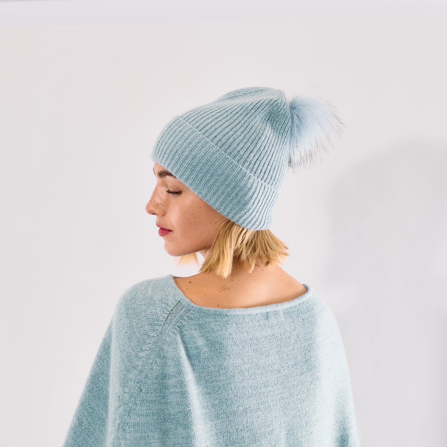 Cashmere & Lurex Cuffed Beanie with Faux Pom Pom