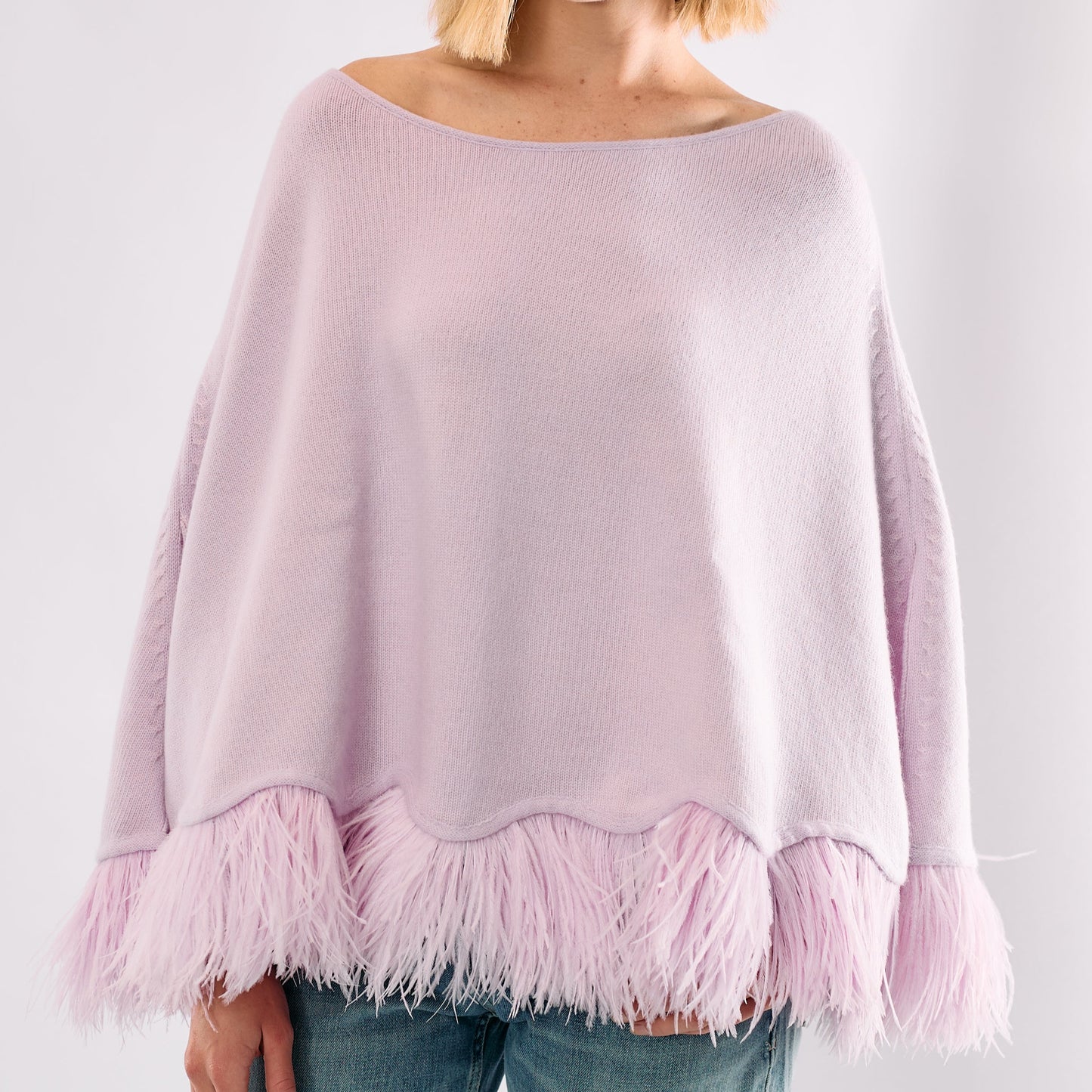 Cropped Cashmere & Lurex Poncho with Ostrich Feather Trim - Lavender