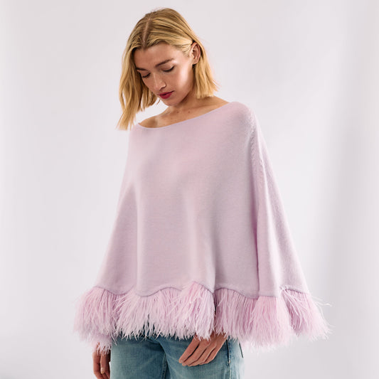 Cropped Cashmere & Lurex Poncho with Ostrich Feather Trim - Lavender