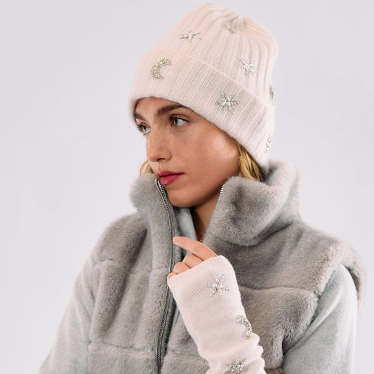 Cashmere Chunky Rib Cuffed Beanie with Hand Embroidered Stars and Moon- Yogi Ivory