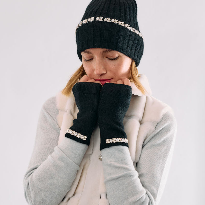 Cashmere Short Fingerless Gloves w. Crystal Trim - Black