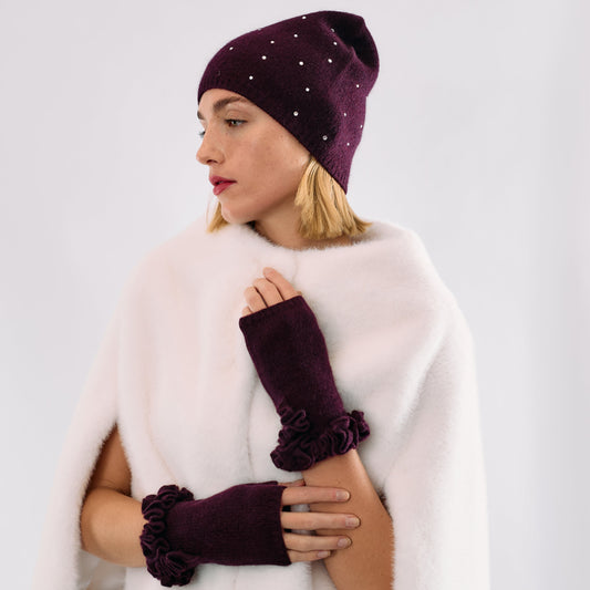 Cashmere Short Fingerless Gloves w. Ruffle Trim - Burgundy