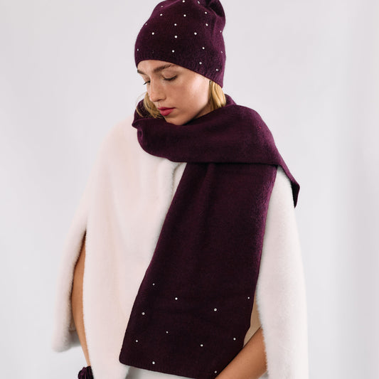 Cashmere Long Scarf with Crystals- Burgundy
