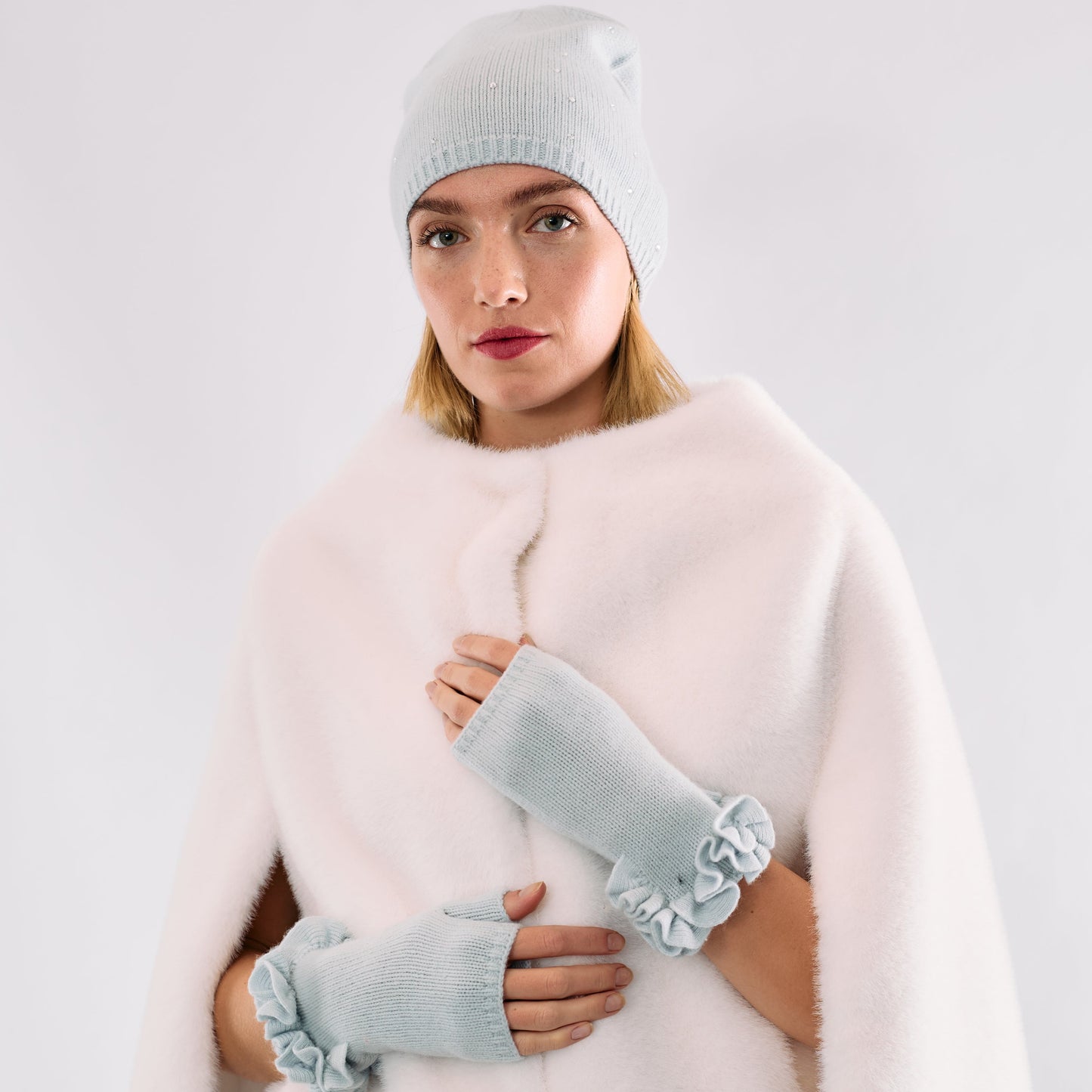Cashmere Long Slouchy Beanie with Scattered Crystals- Cloud Blue