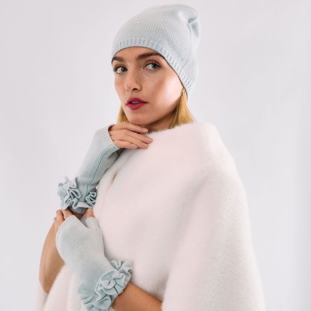 Cashmere Short Fingerless Gloves w. Ruffle Trim - Cloud Blue