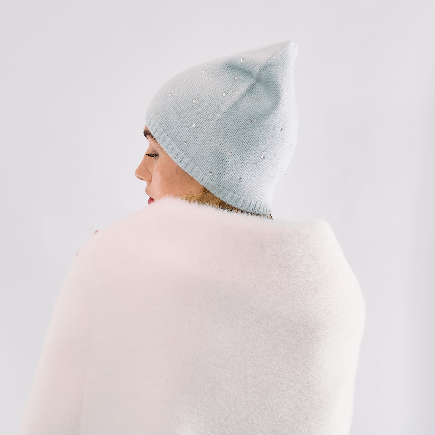 Cashmere Long Slouchy Beanie with Scattered Crystals- Cloud Blue