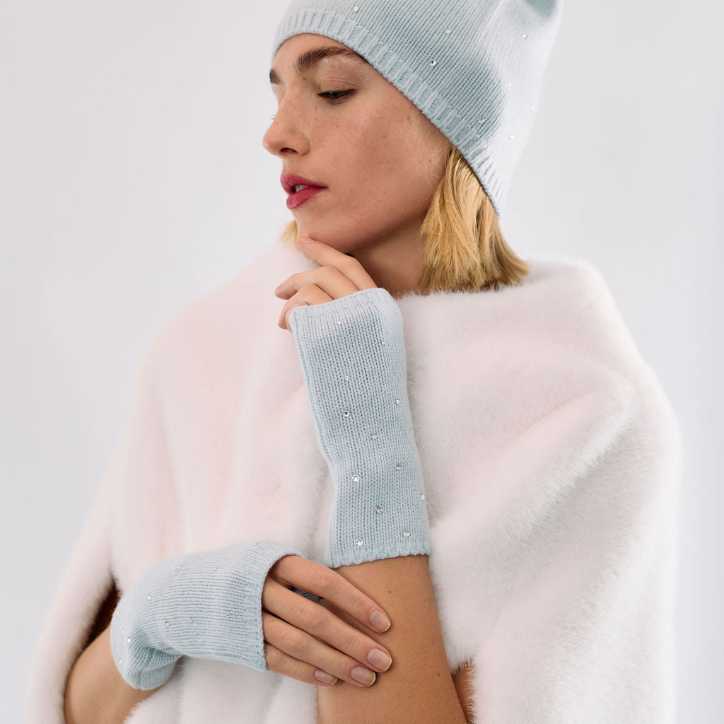 Cashmere Short Fingerless Gloves w. Scattered Crystals - Cloud Blue